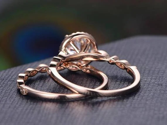 18K Rose Gold Plated Halo Moissanite Wedding Ring Set Q854022