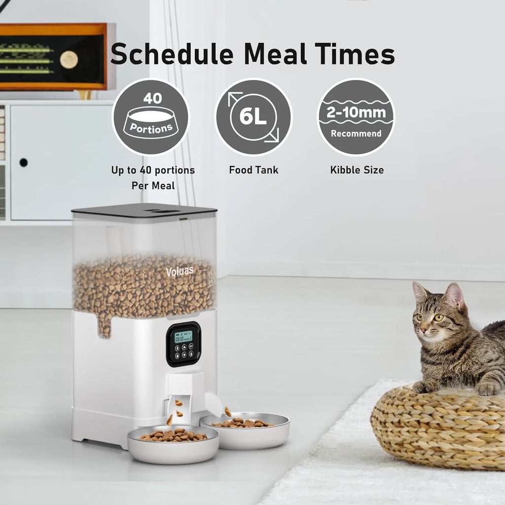 Automatic Cat Feeder with 2 Stainless Steel Bowls, 6L Timed W890