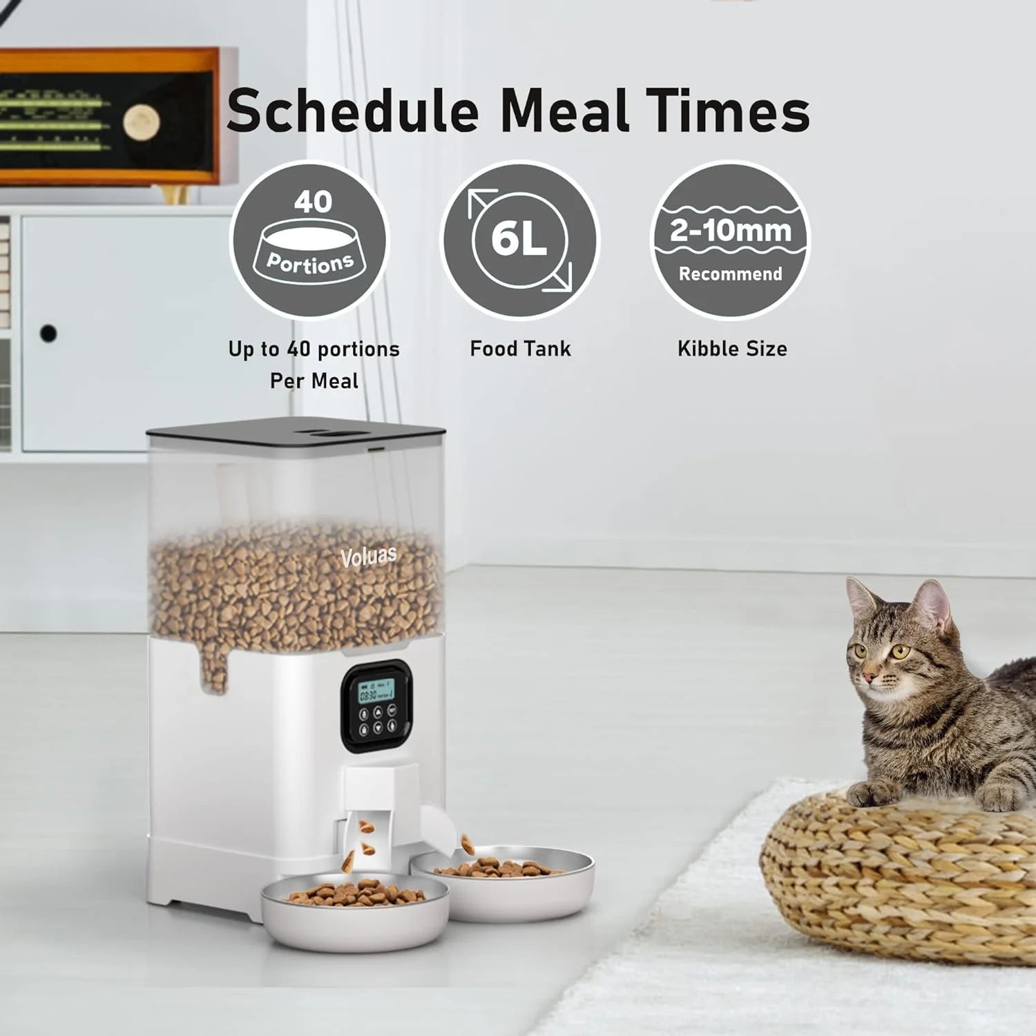 Automatic Cat Feeder with 2 Stainless Steel Bowls, 6L Timed W890