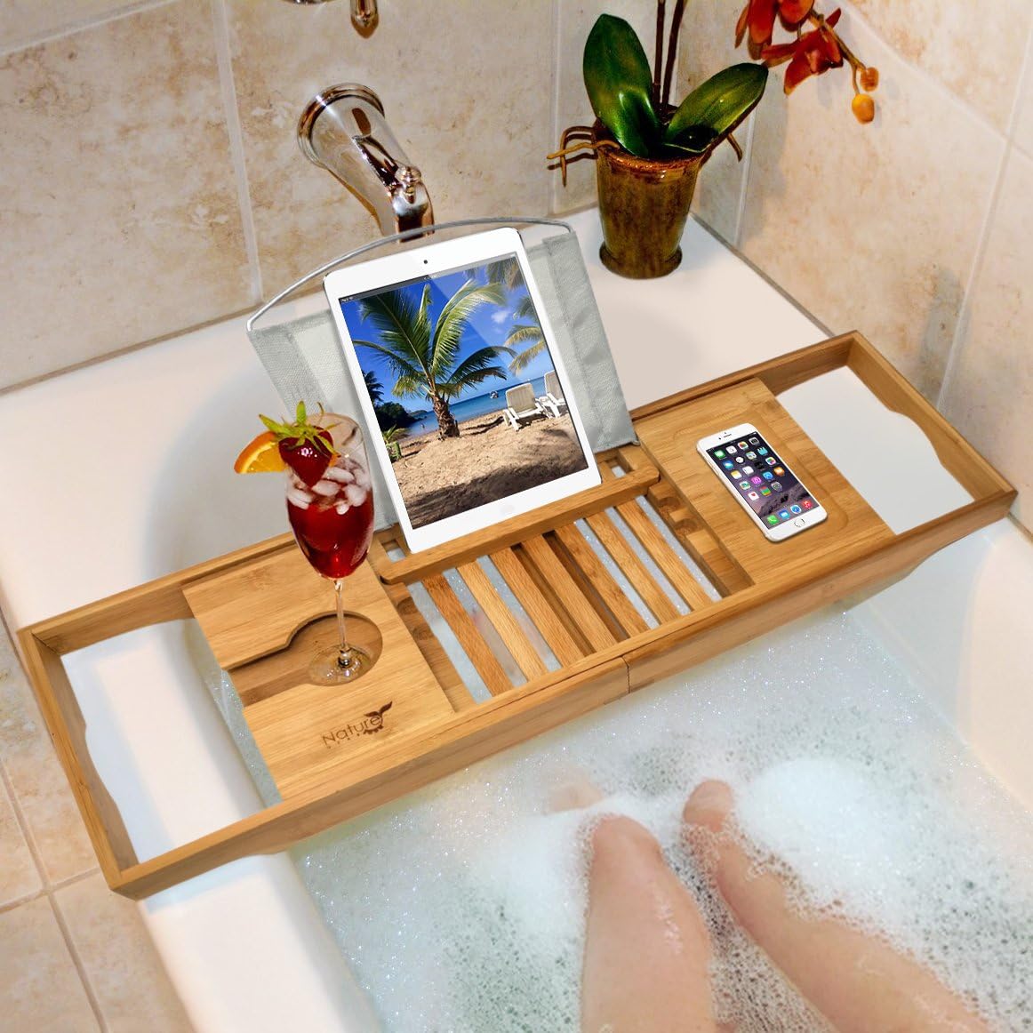 Wooden Bamboo Bathtub Tray with Wine Holder, Pack of 2 Z6953