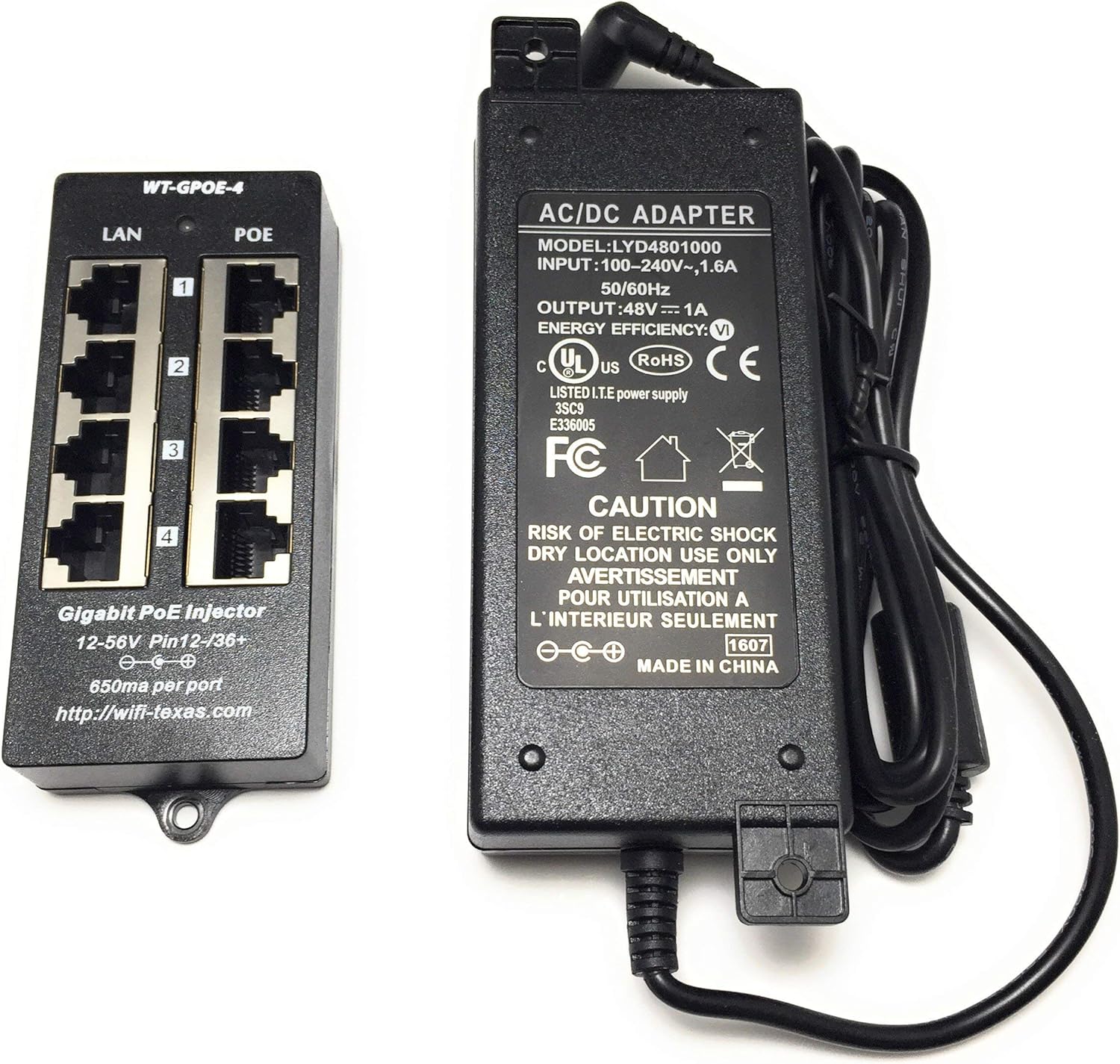 4 Port Gigabit Passive PoE Injector with 48V 48W UL Power Supply Y413