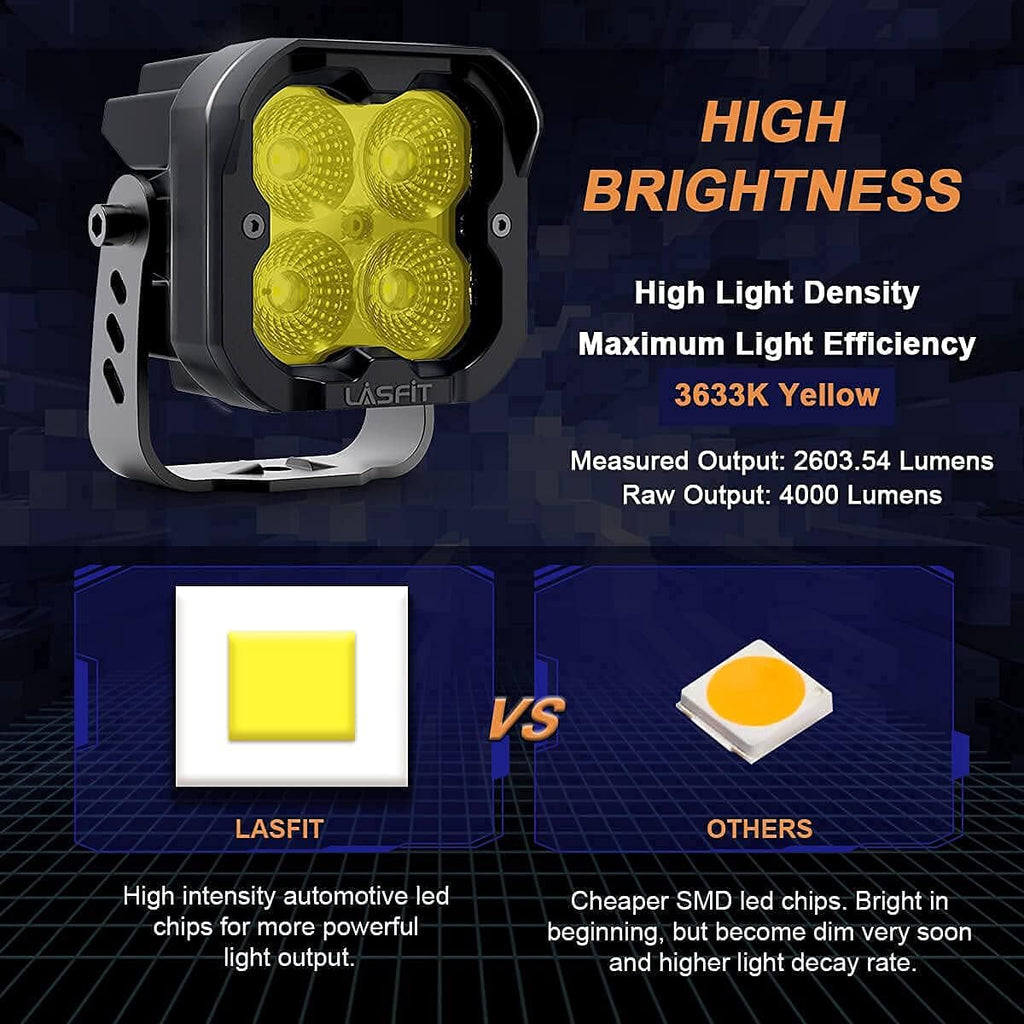 Yellow 3 inch LED Pods Flood Beam Off Road 36W, Pair N448