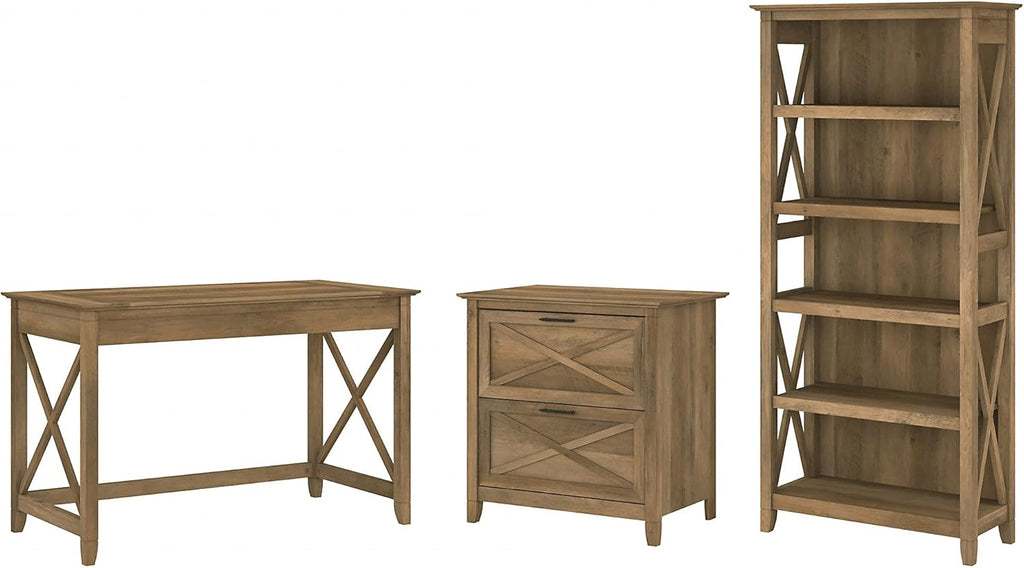 Dark Gray Hickory Writing Desk with 2 Drawer Lateral File Cabinet and 5 Shelf Bookcase M2455