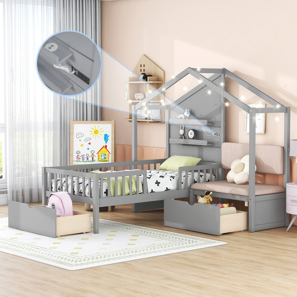 Twin Size House Bed with Upholstered Sofa, Charging Station, Shelves and Two Drawers, Gray E6437