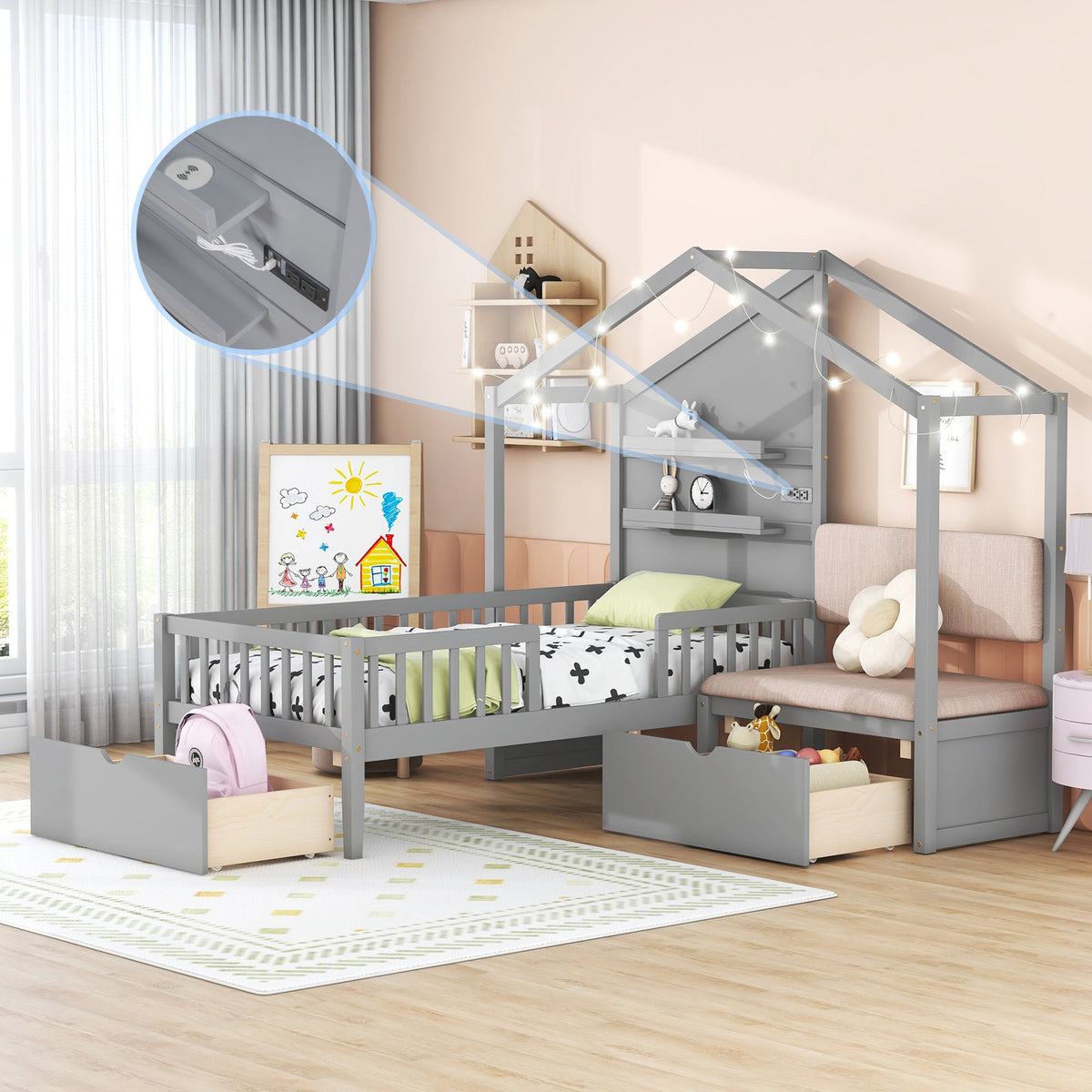 Twin Size House Bed with Upholstered Sofa, Charging Station, Shelves and Two Drawers, Gray E6437