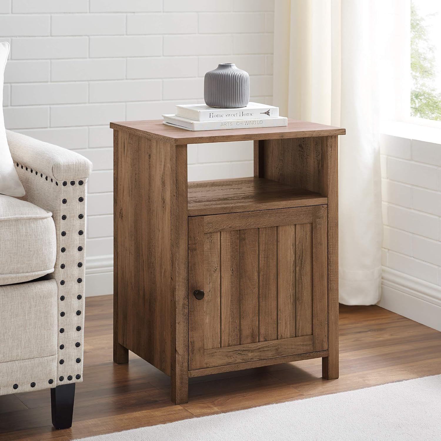 Grey Wash Wood Side Accent Table with Cabinet Door O4636