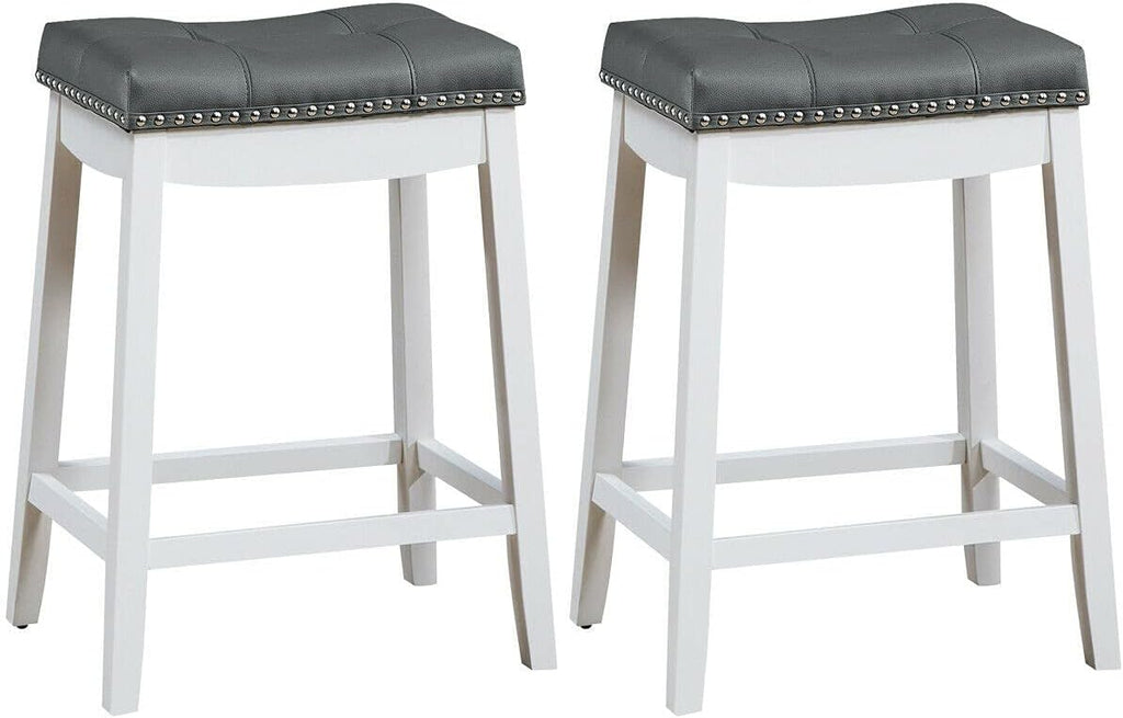 Set of 2 Solid Wood Legs Bar Stools with Gray PU Cushion H69436