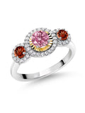 Pink Lab Grown Diamond Red Garnet 925 Silver 10K Yellow Gold 3 Stone Engagement Ring J587