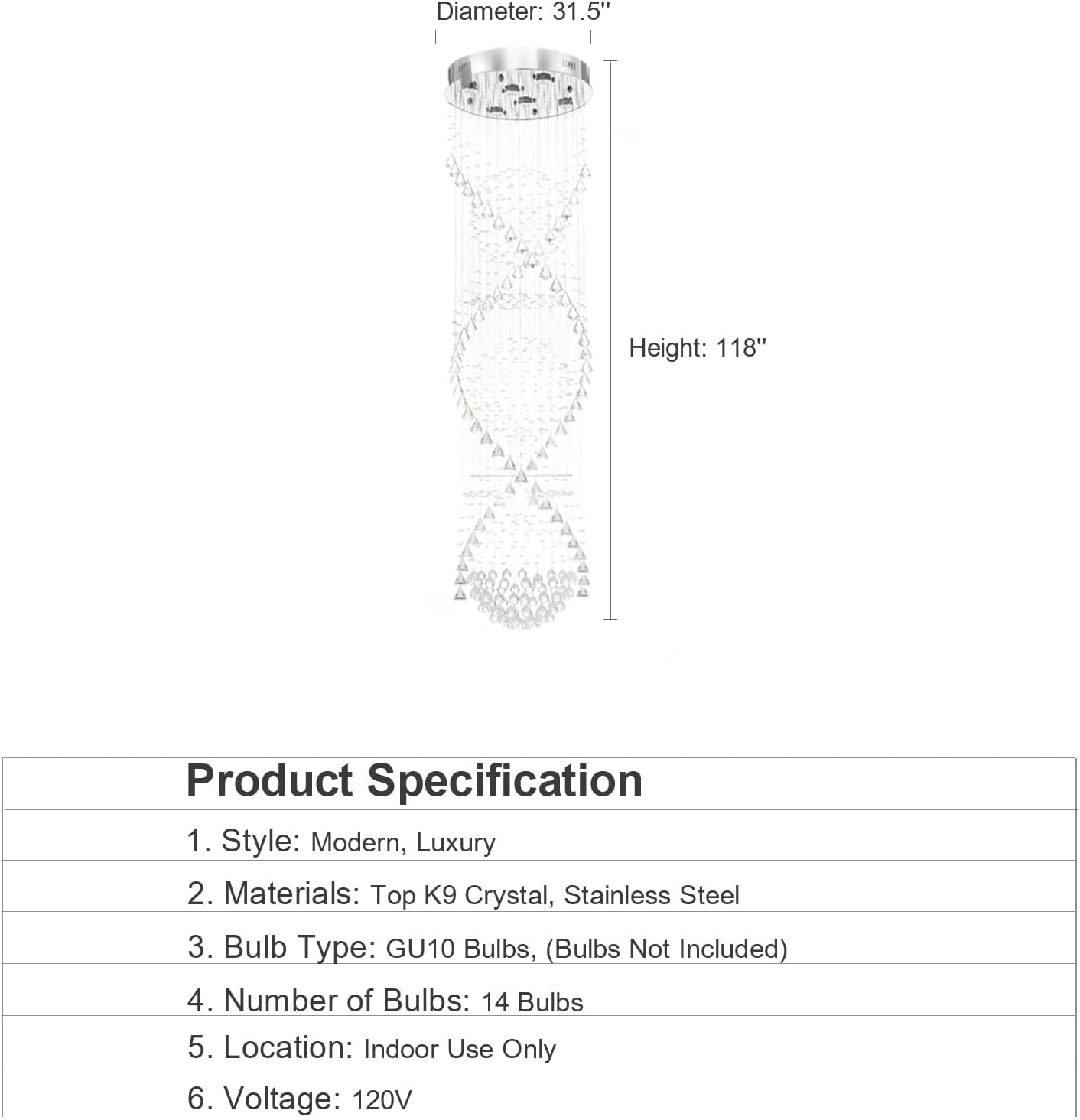 Chandelier for Staircase, Modern Crystal Round Raindrop Flush Mount Ceiling Light Fixtures A50588