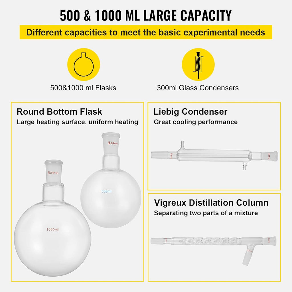 13pcs Borosilicate Glass Distillation Apparatus Kit with 1000ml Round Bottom Flask M965555