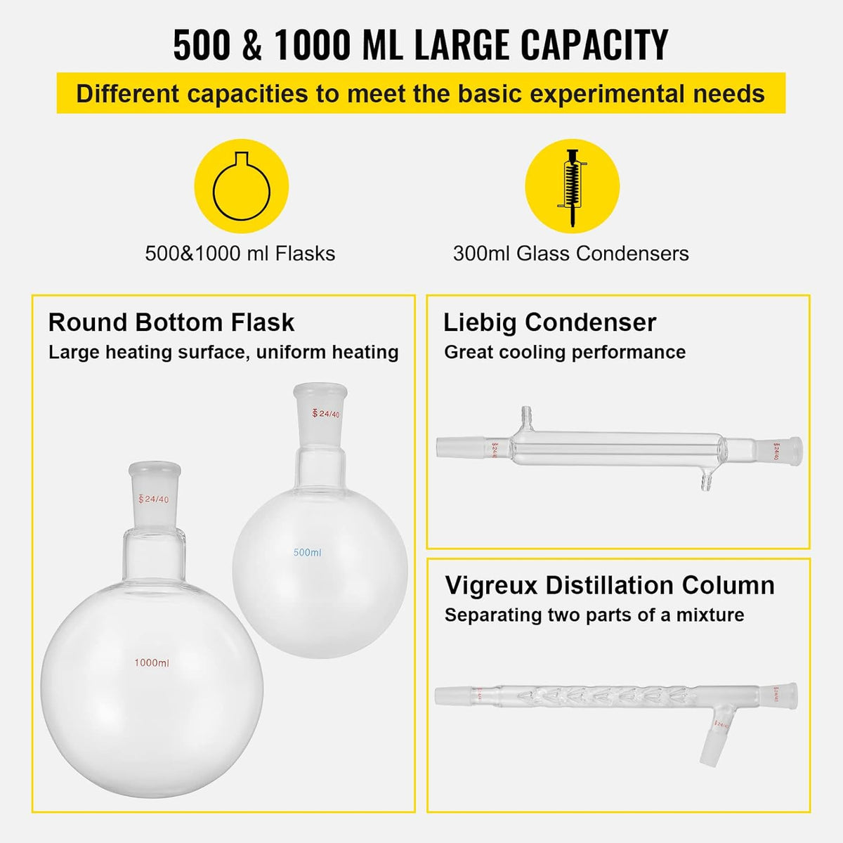 13pcs Borosilicate Glass Distillation Apparatus Kit with 1000ml Round Bottom Flask M965555
