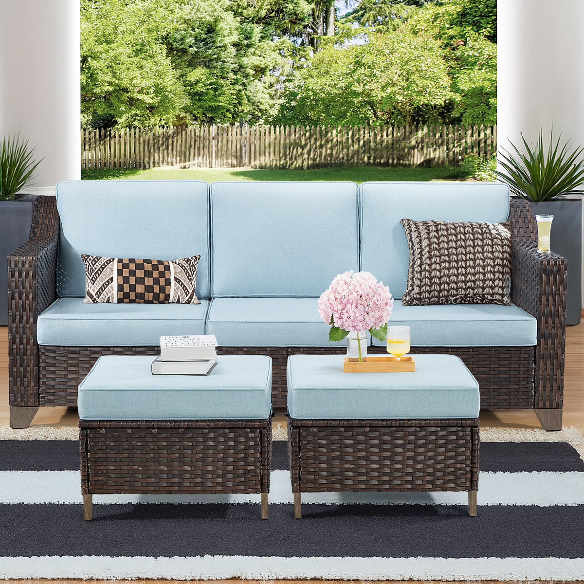 3 Pieces Outdoor Patio Wicker Conversation Set with Cushions, Sky Blue X102223