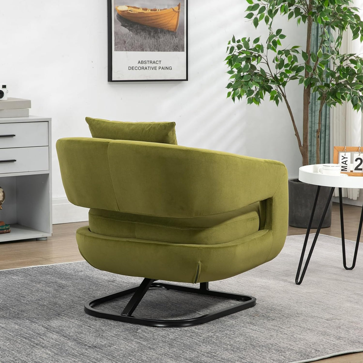 Olive Velvet Barrel Chair with Metal Base S388345