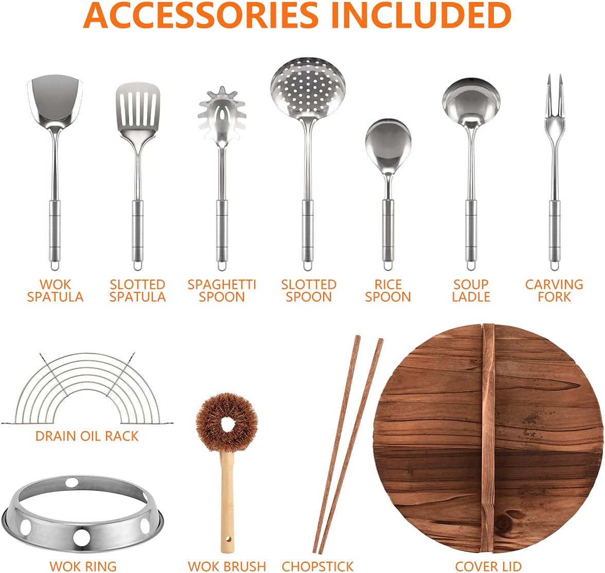 13 PCS Carbon Steel Wok Set with Wooden Lid & Utensils L1958