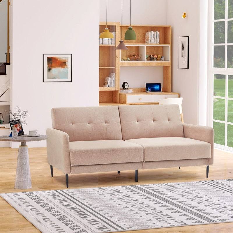 Beige Linen Fabric Folding Futon Sofa Bed with Metal Leg Z3048
