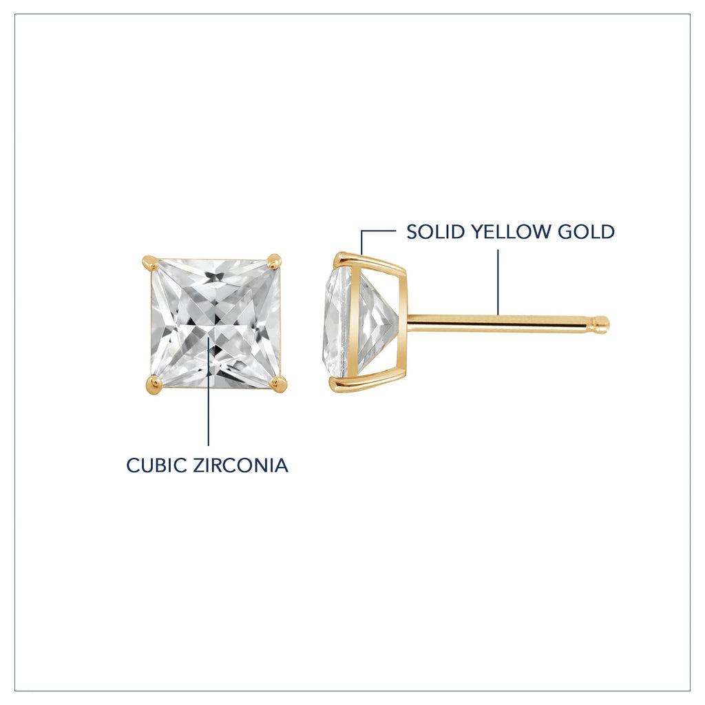 10K Yellow Gold Princess Cut Cubic Zirconia Stud Earrings N1966