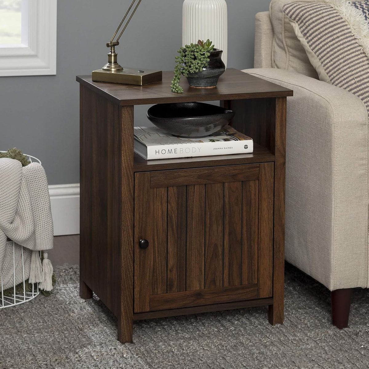 Grey Wash Wood Side Accent Table with Cabinet Door O4636