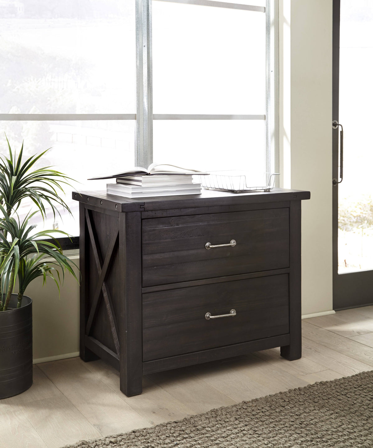 Cafe Brown Two Drawer Wooden File Cabinet with Metal Handle Pull U4317