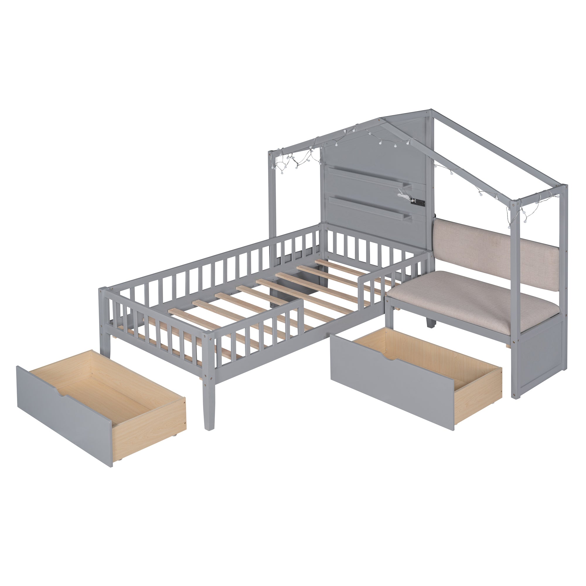 Twin Size House Bed with Upholstered Sofa, Charging Station, Shelves and Two Drawers, Gray E6437