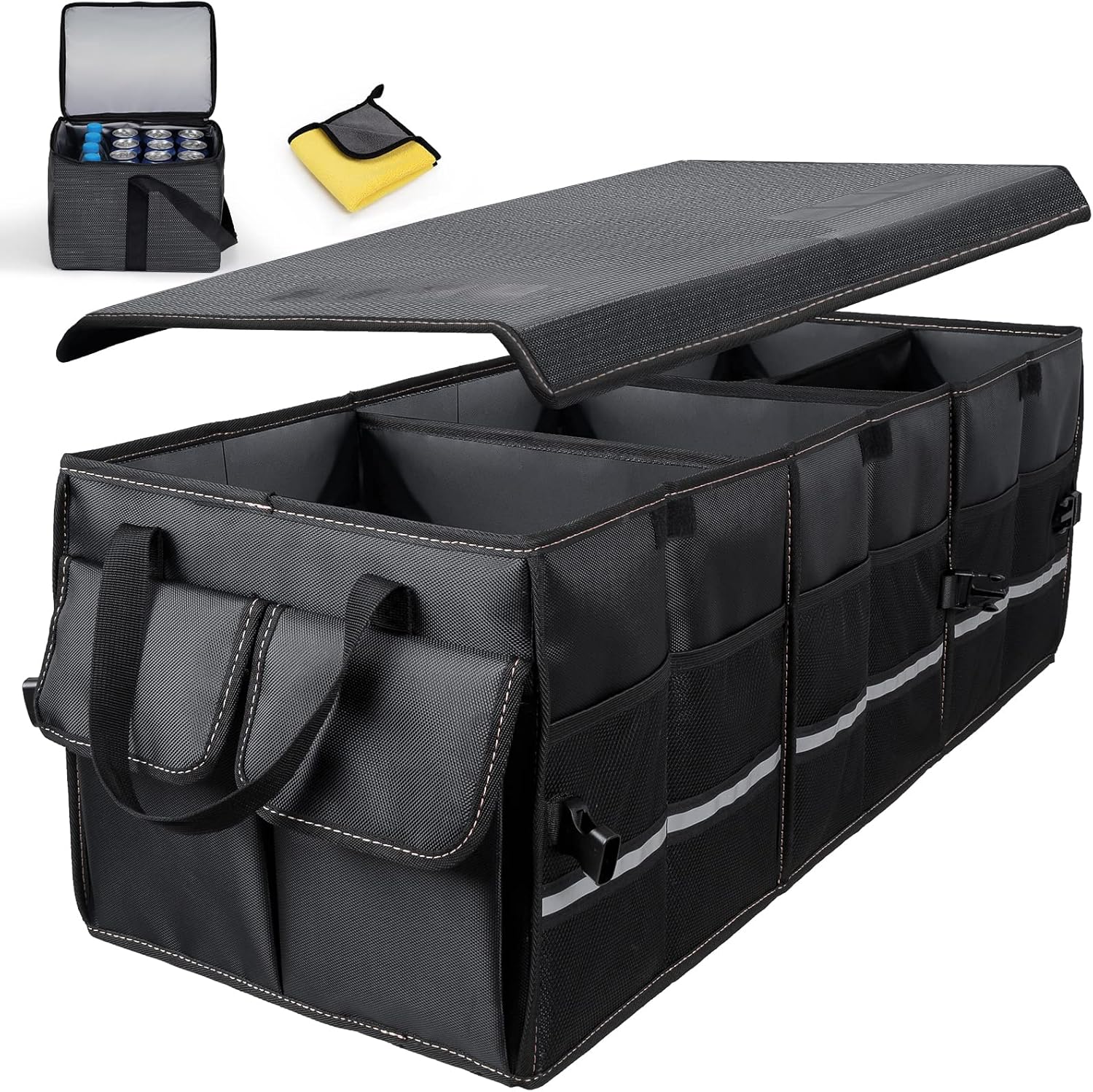 Grey Collapsible Trunk Organizer with Removable Insulated Leakproof Cooler Bag I5847