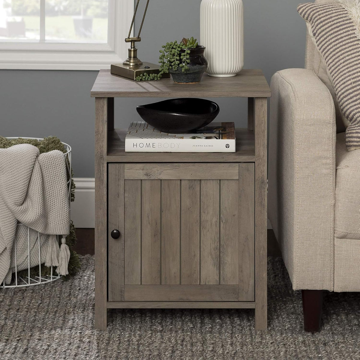 Grey Wash Wood Side Accent Table with Cabinet Door O4636
