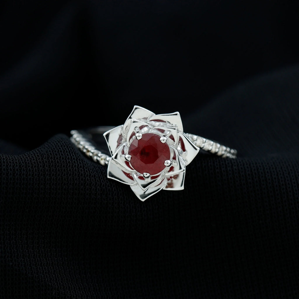 Natural Ruby Rose Floral Ring with Diamond - 1 CT, 925 Sterling Silver, US 4.00 P82186