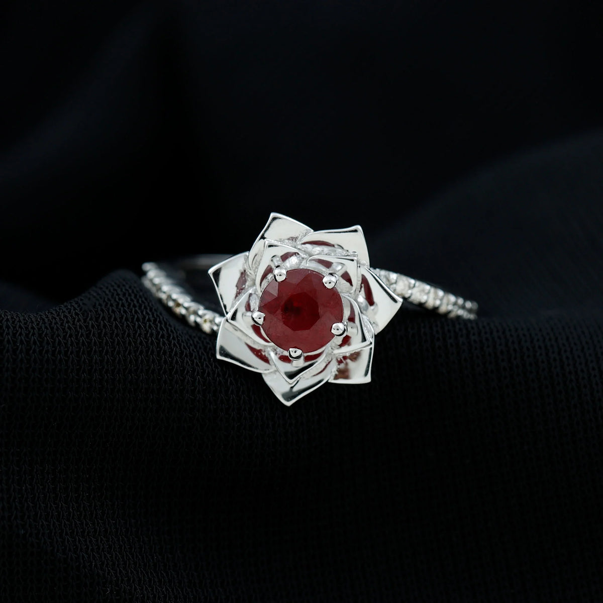 Natural Ruby Rose Floral Ring with Diamond - 1 CT, 925 Sterling Silver, US 4.00 P82186