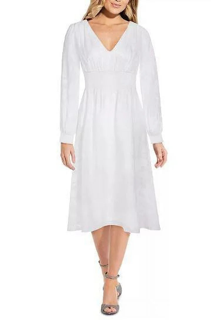 White Long Sleeve V Neck Midi Fit Flare Dress I55178