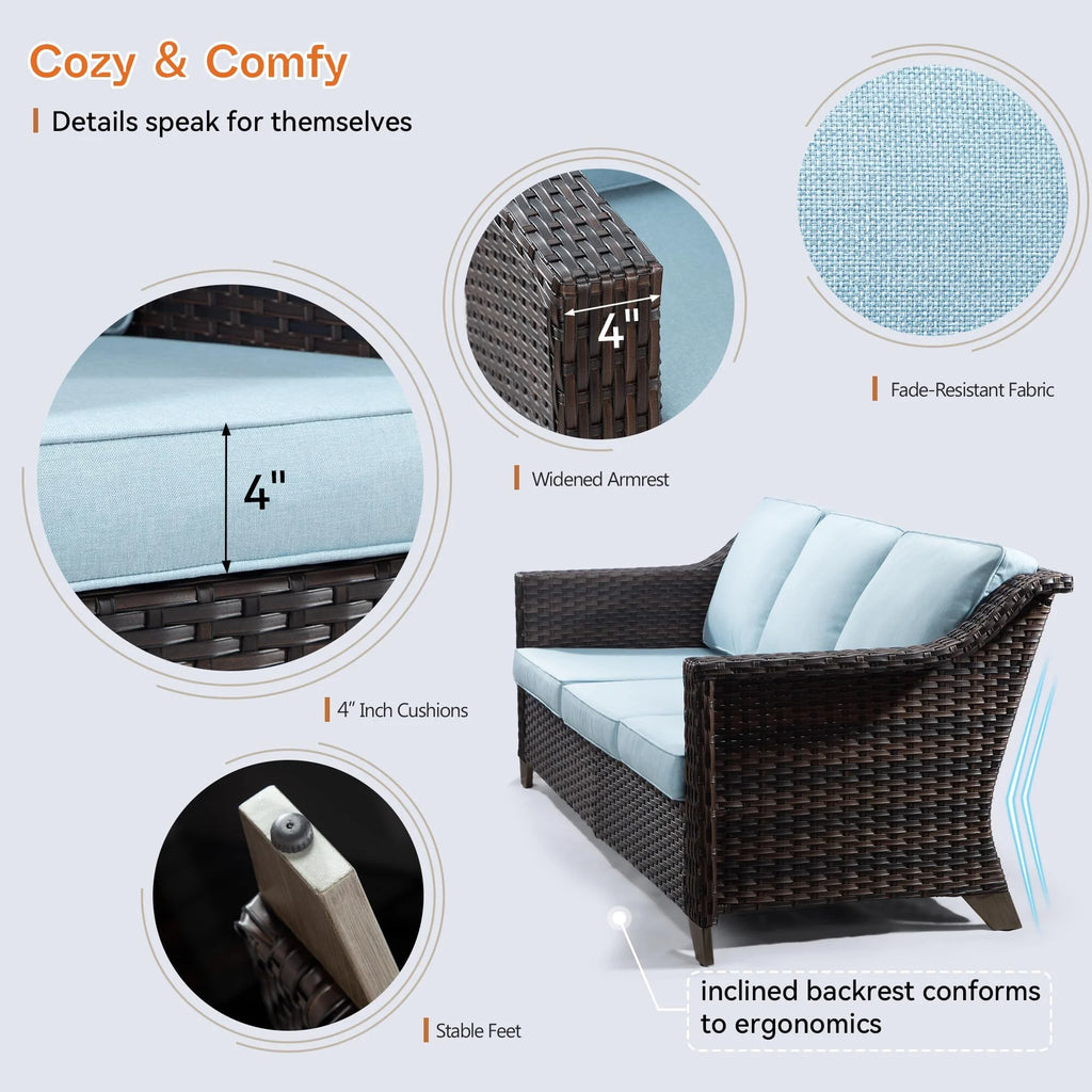 3 Pieces Outdoor Patio Wicker Conversation Set with Cushions, Sky Blue X102223