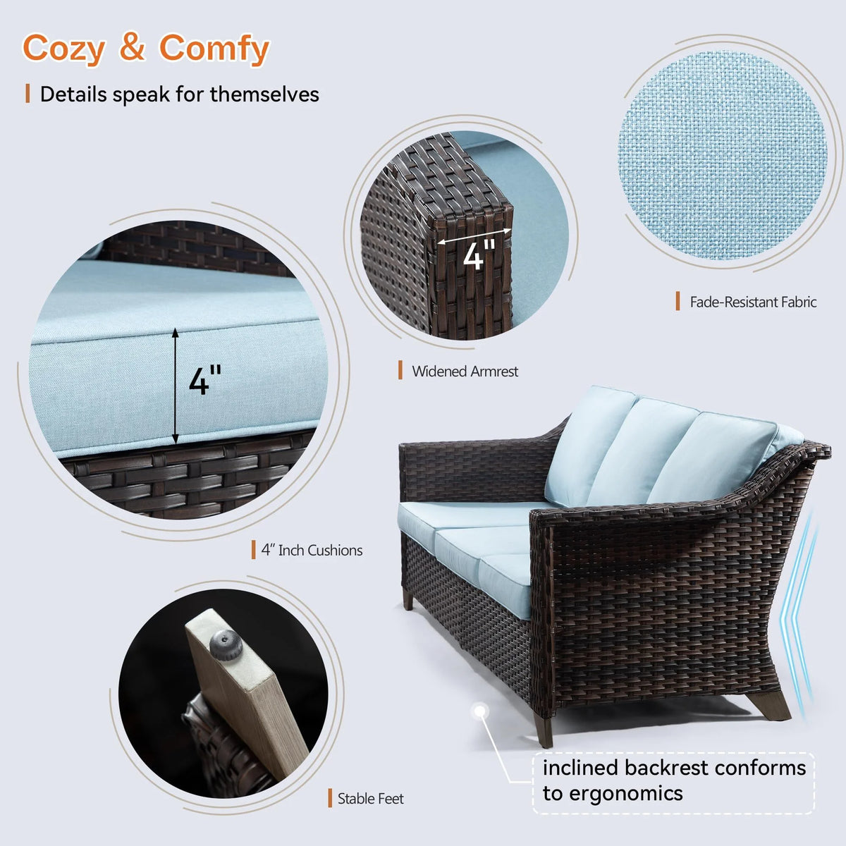 3 Pieces Outdoor Patio Wicker Conversation Set with Cushions, Sky Blue X102223