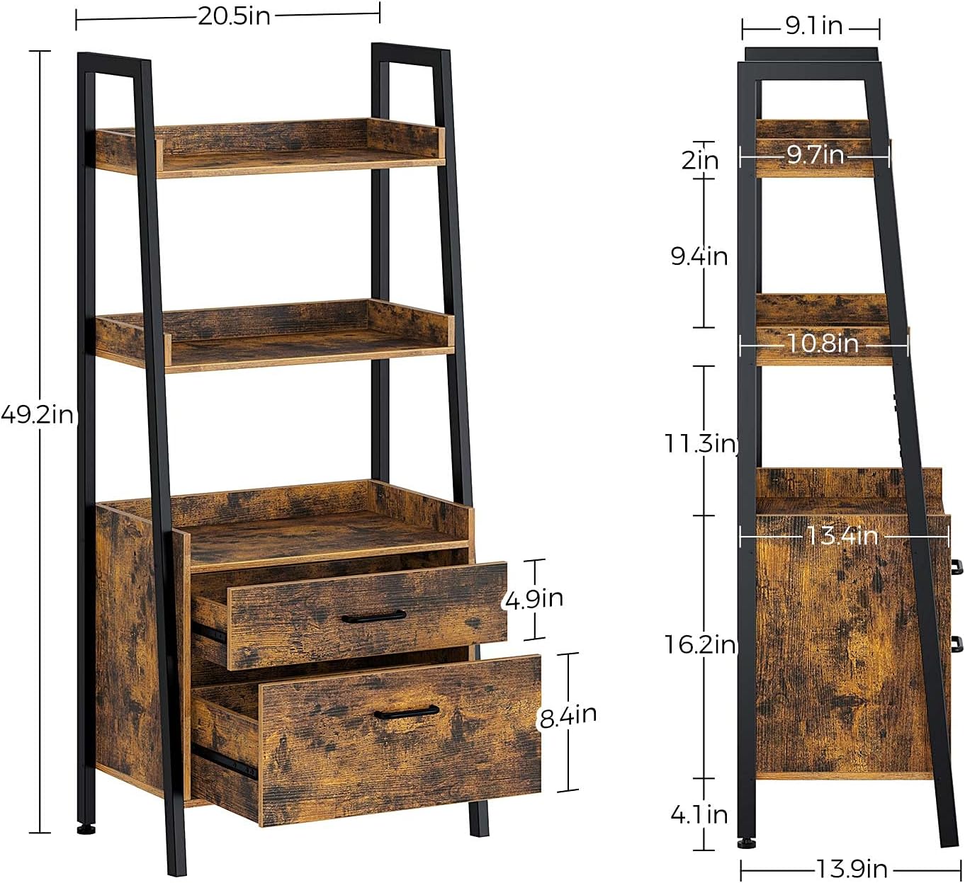 Rustic Brown 3 Tier Ladder Shelf with 2 Drawers Y29689