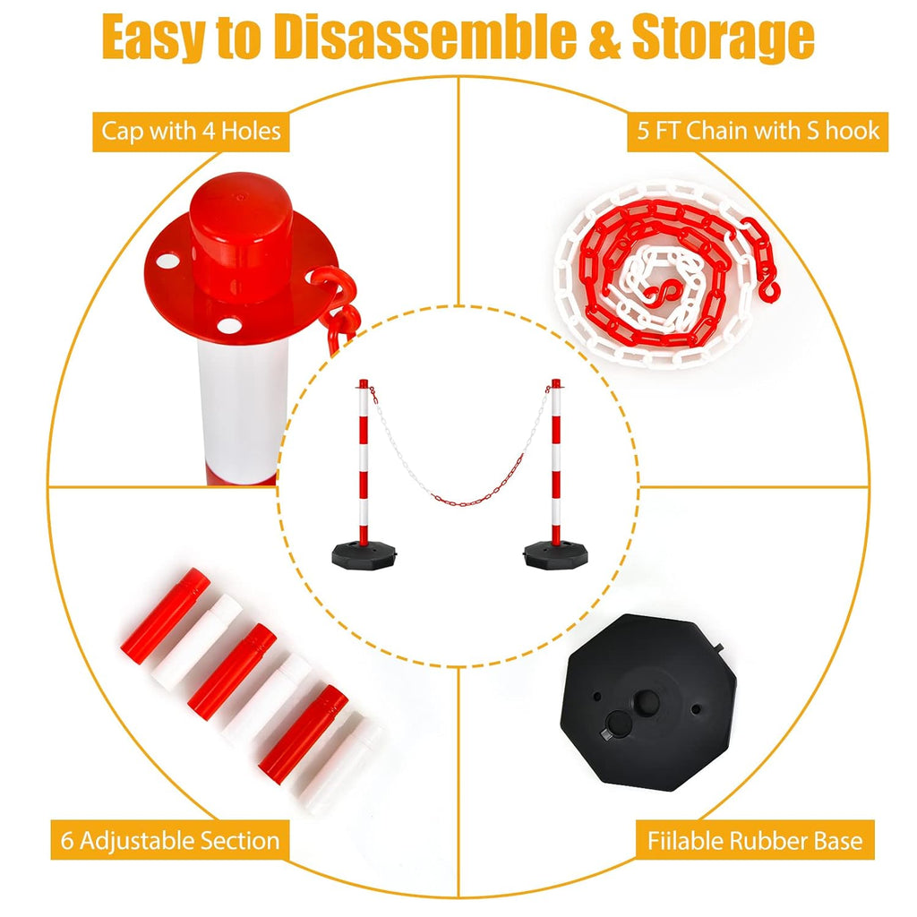24~34 Inches Adjustable Delineator Post Traffic Cones with Fillable Base and 5FT Chains (4 Pack-Red & White) A237749