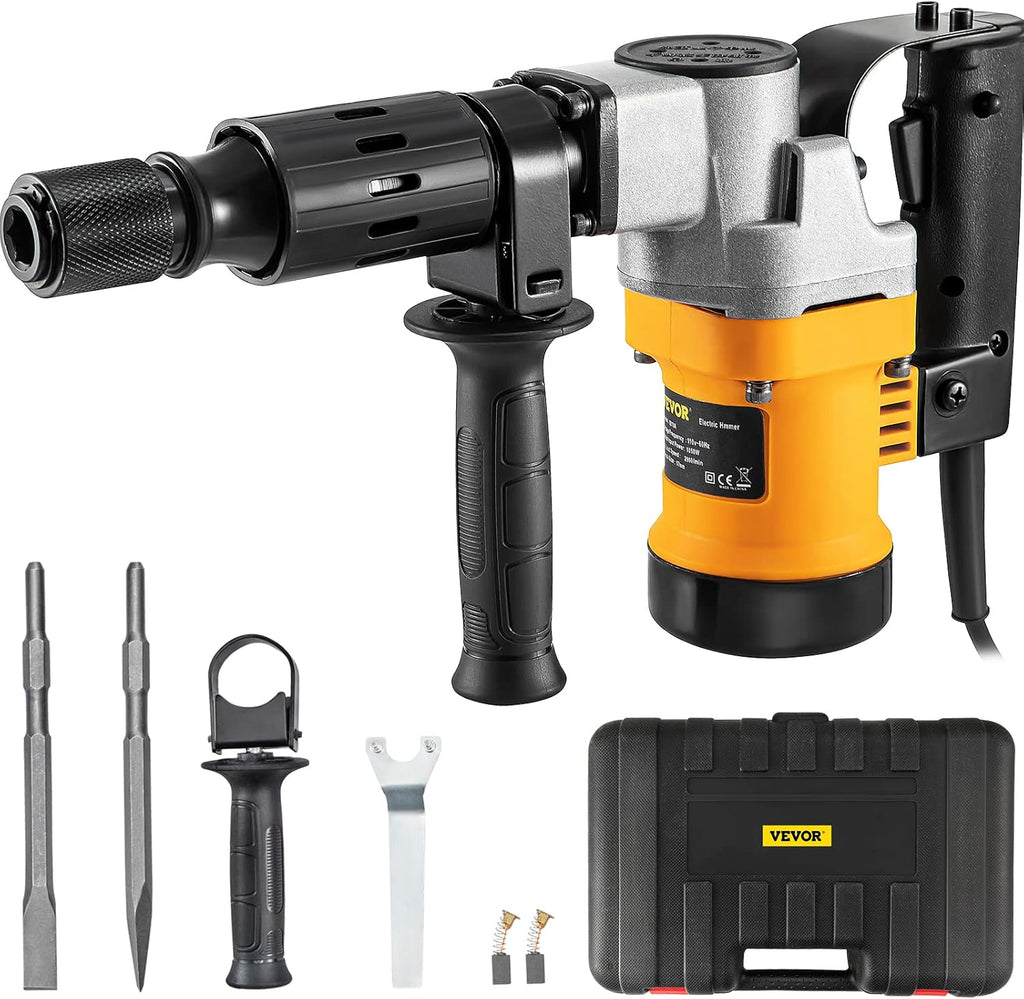 0.67" 9.5 Amp Corded Concrete Breaker, 1050W Jack Hammer with Flat and Point Chisel Bits & Case, Pack of 2 T23061