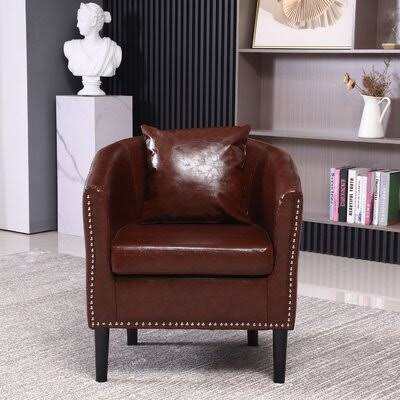 Deep Brown Faux Leather Barrel Chair and Ottoman Q784