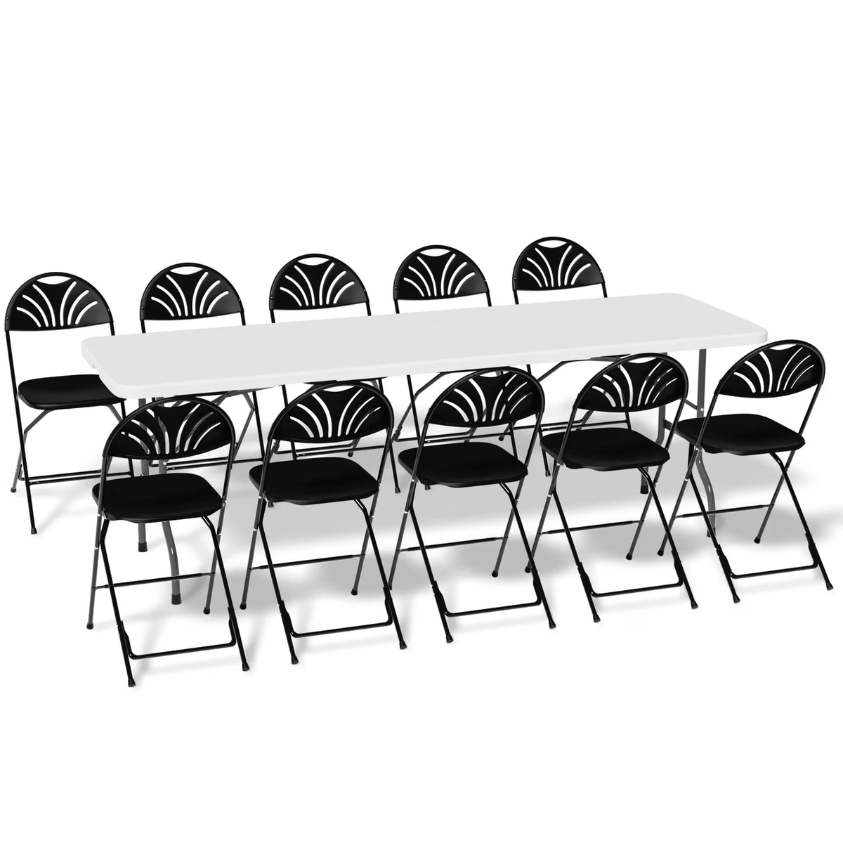 11 Pieces 8 Ft Heavy Duty Plastic Folding Utility Dining Table and Chair Set, White/Black A7108