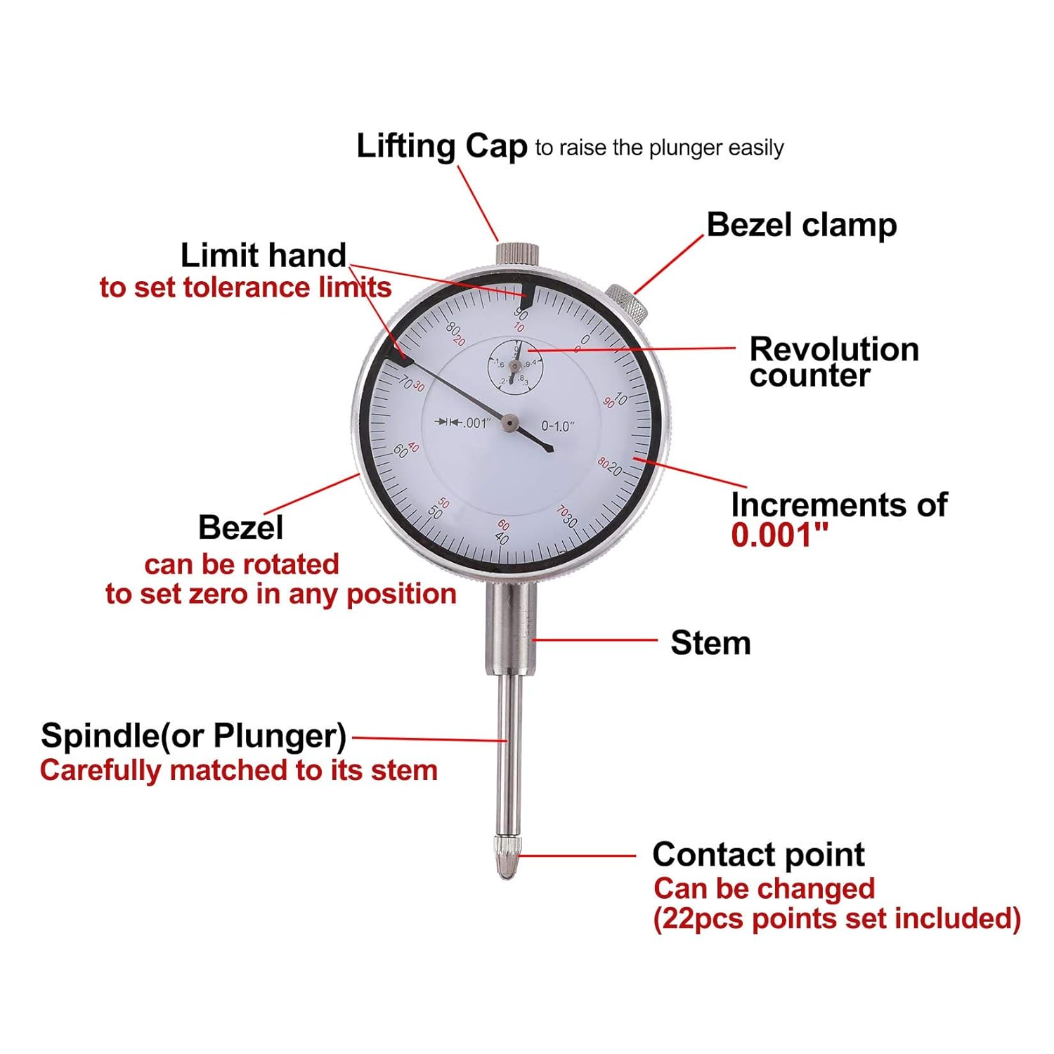 Dial Indicator with Magnetic Base Holder 0-10mm 0.01mm Pack of 2 L3572