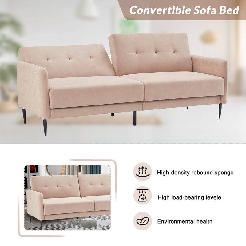 Beige Linen Fabric Folding Futon Sofa Bed with Metal Leg Z3048