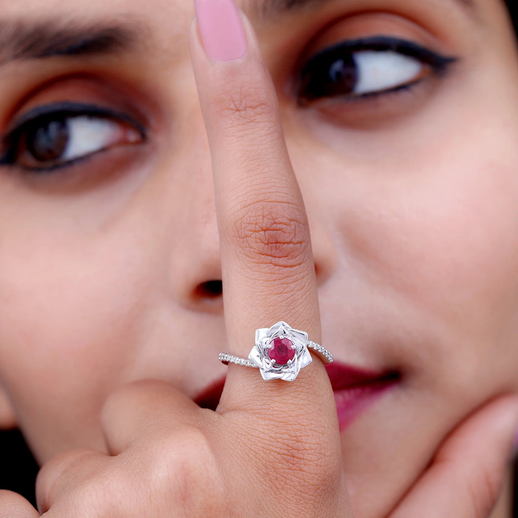 Natural Ruby Rose Floral Ring with Diamond - 1 CT, 925 Sterling Silver, US 4.00 P82186
