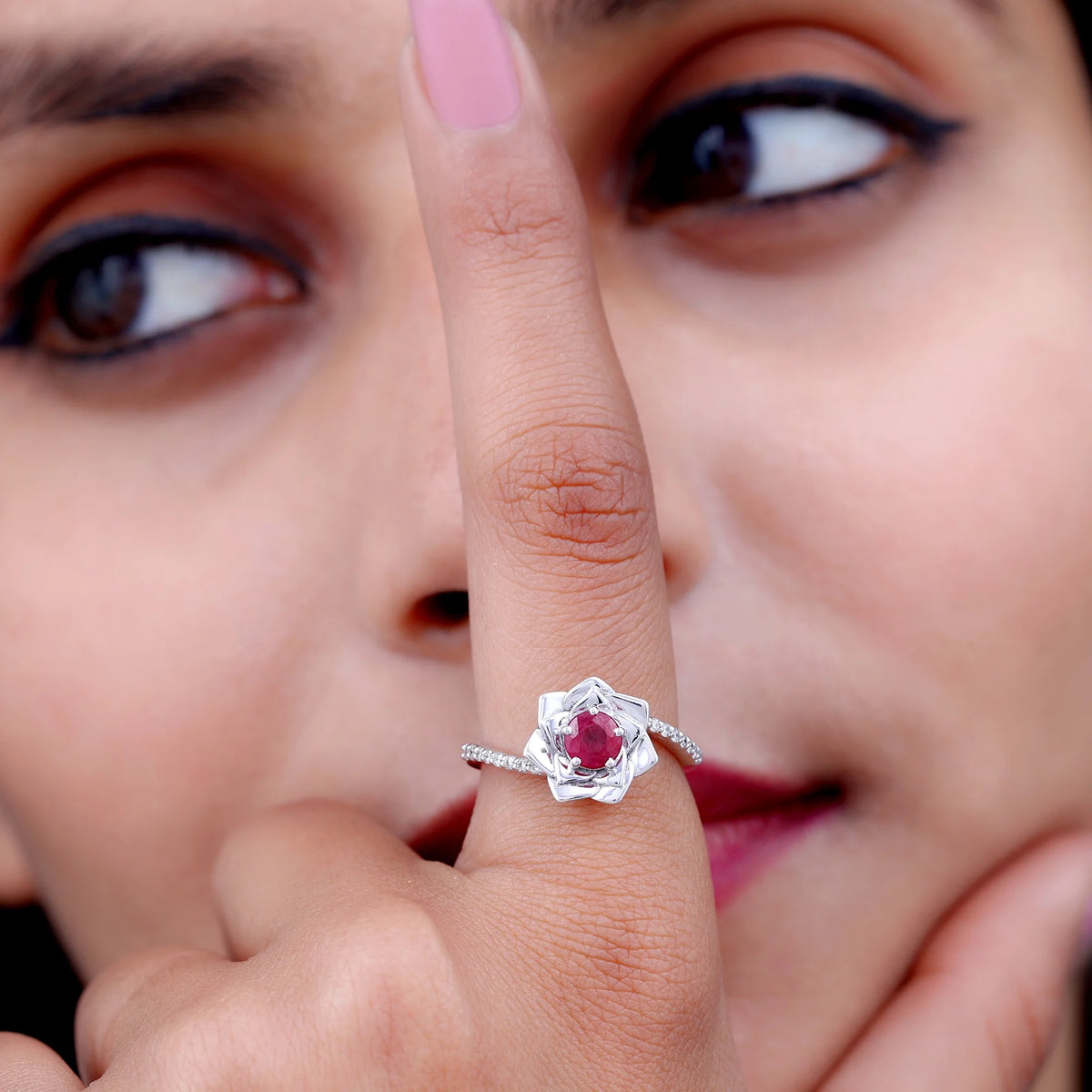 Natural Ruby Rose Floral Ring with Diamond - 1 CT, 925 Sterling Silver, US 4.00 P82186
