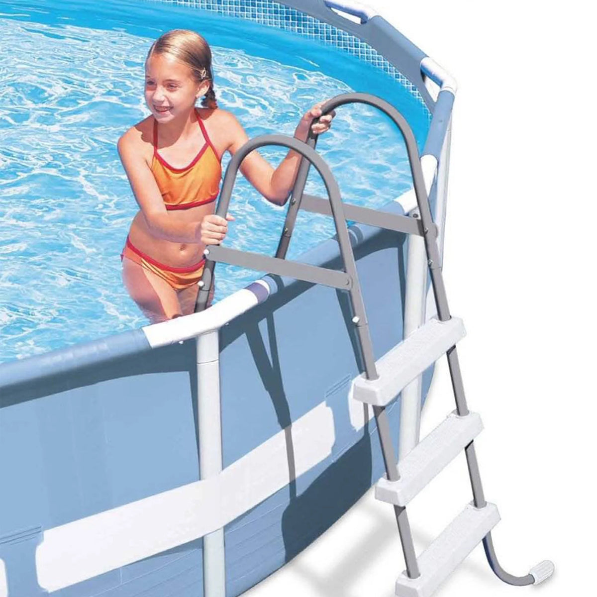 Above Ground Steel Frame Pool Ladder 42-Inch with Protective Mat I41318