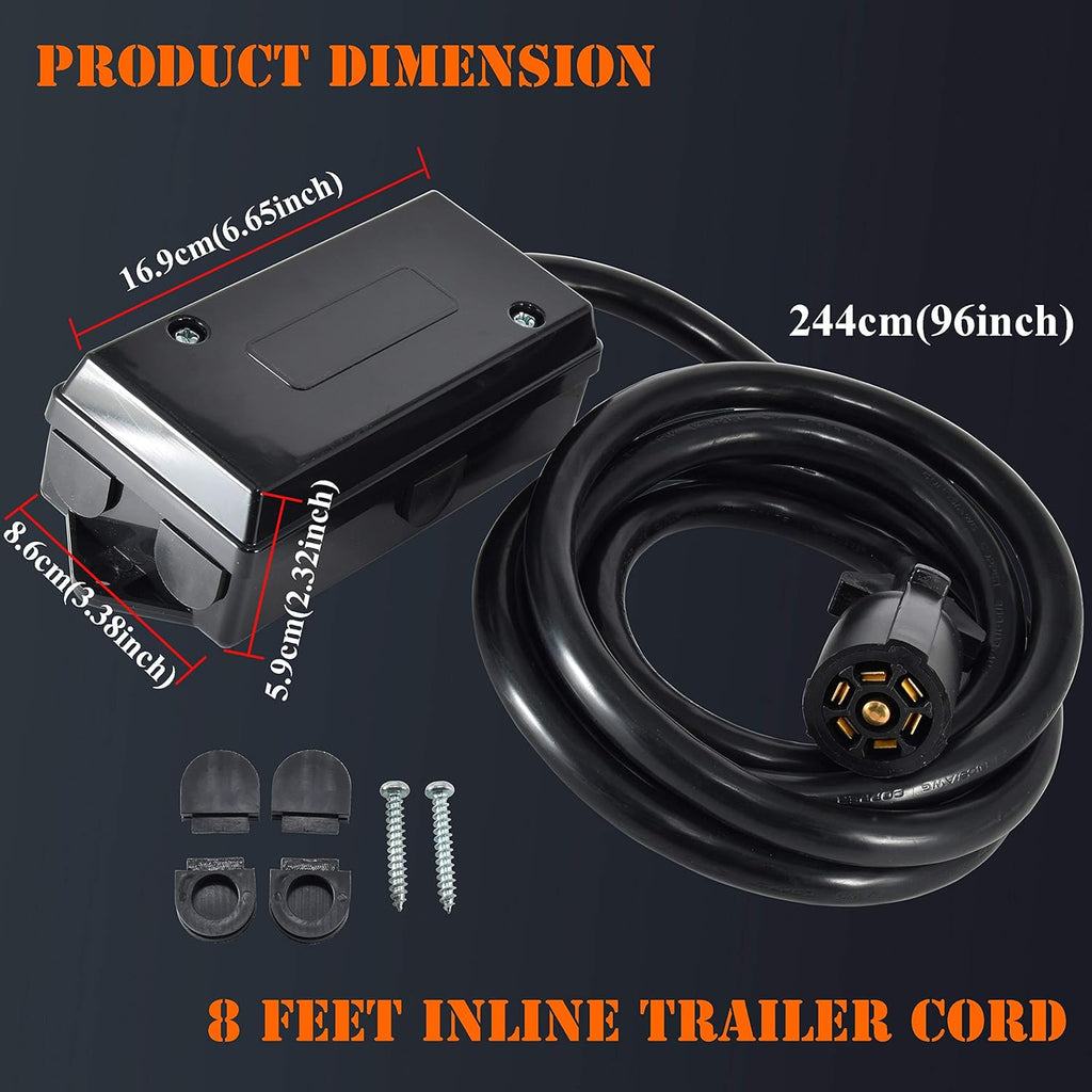 7 Way Inline Trailer Cord with 7 Gang Junction Box, 8 Feet, Waterproof, Pack of 2 M190910