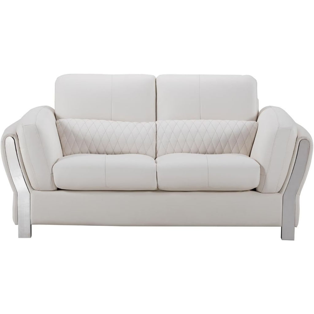White and Silver Faux Leather Wooden Loveseat with Attached Lumbar Cushion K603
