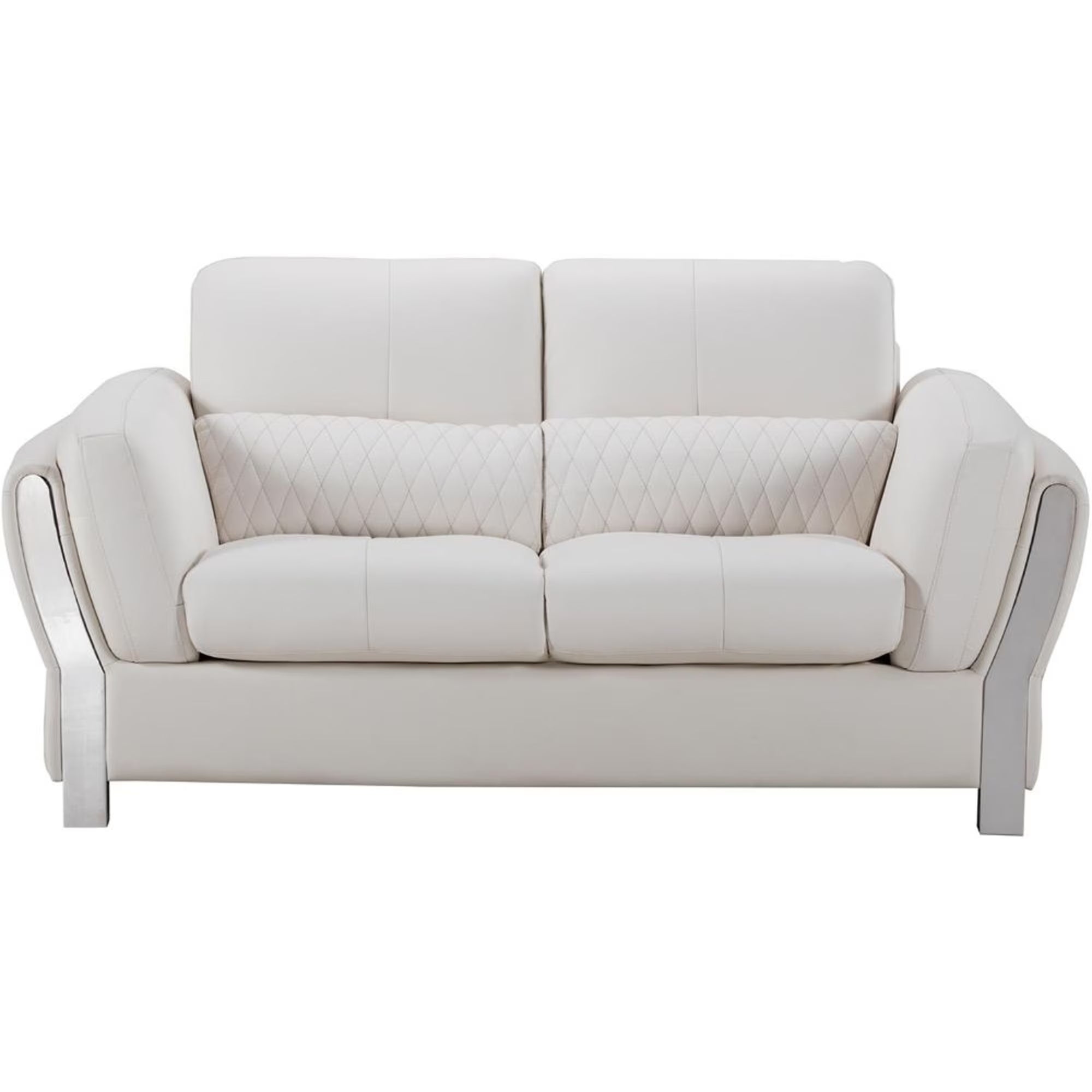 White and Silver Faux Leather Wooden Loveseat with Attached Lumbar Cushion K603