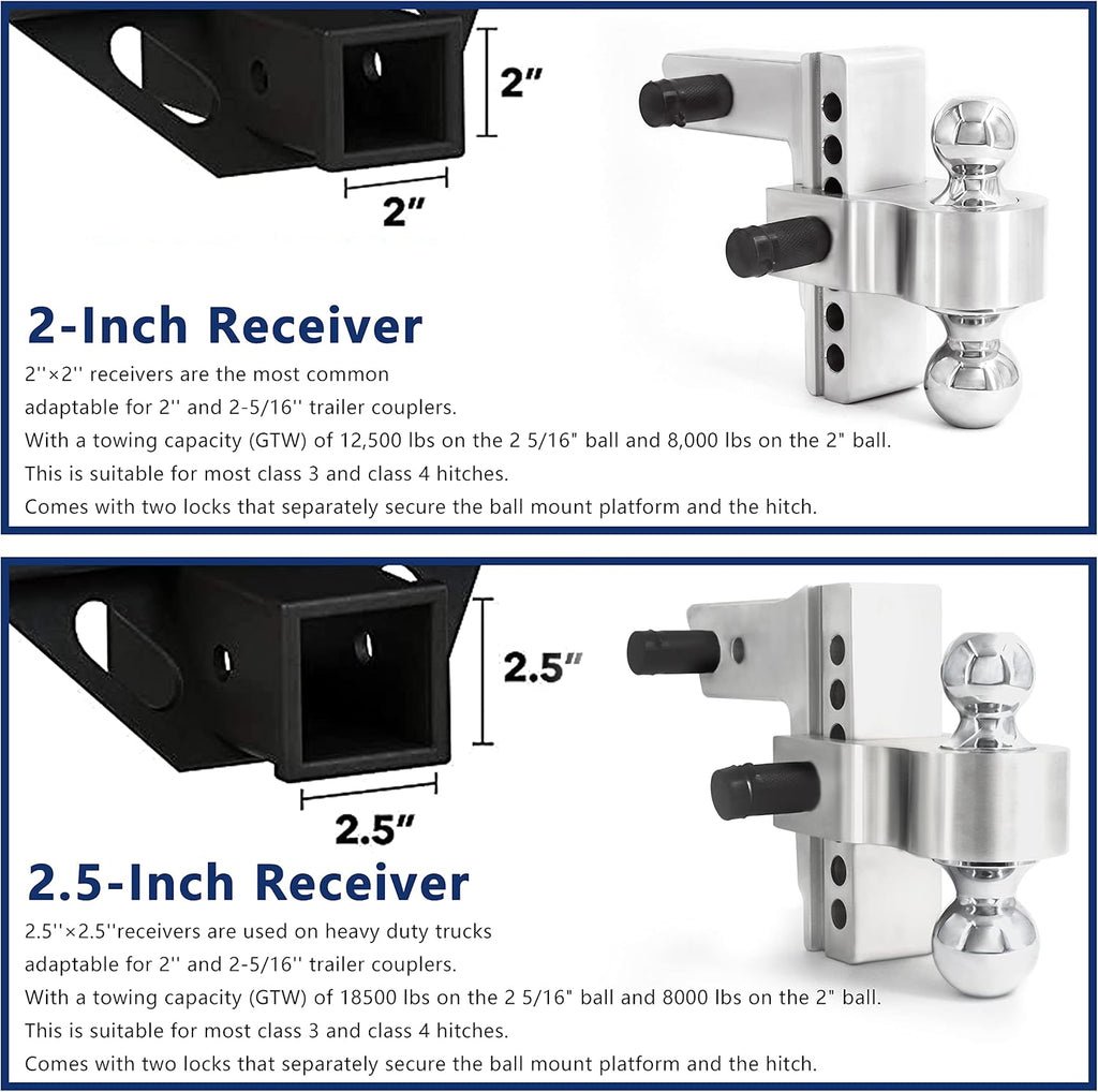 Adjustable Trailer Hitch Ball Mount with Forged Aluminum Shank, 2.5 Inch Receiver, 6 Inch Drop L1681