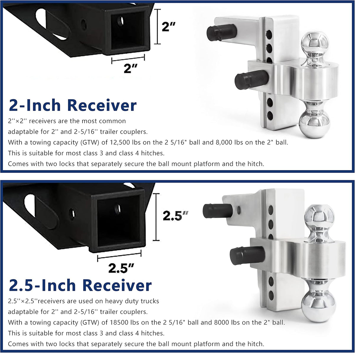 Adjustable Trailer Hitch Ball Mount with Forged Aluminum Shank, 2.5 Inch Receiver, 6 Inch Drop L1681
