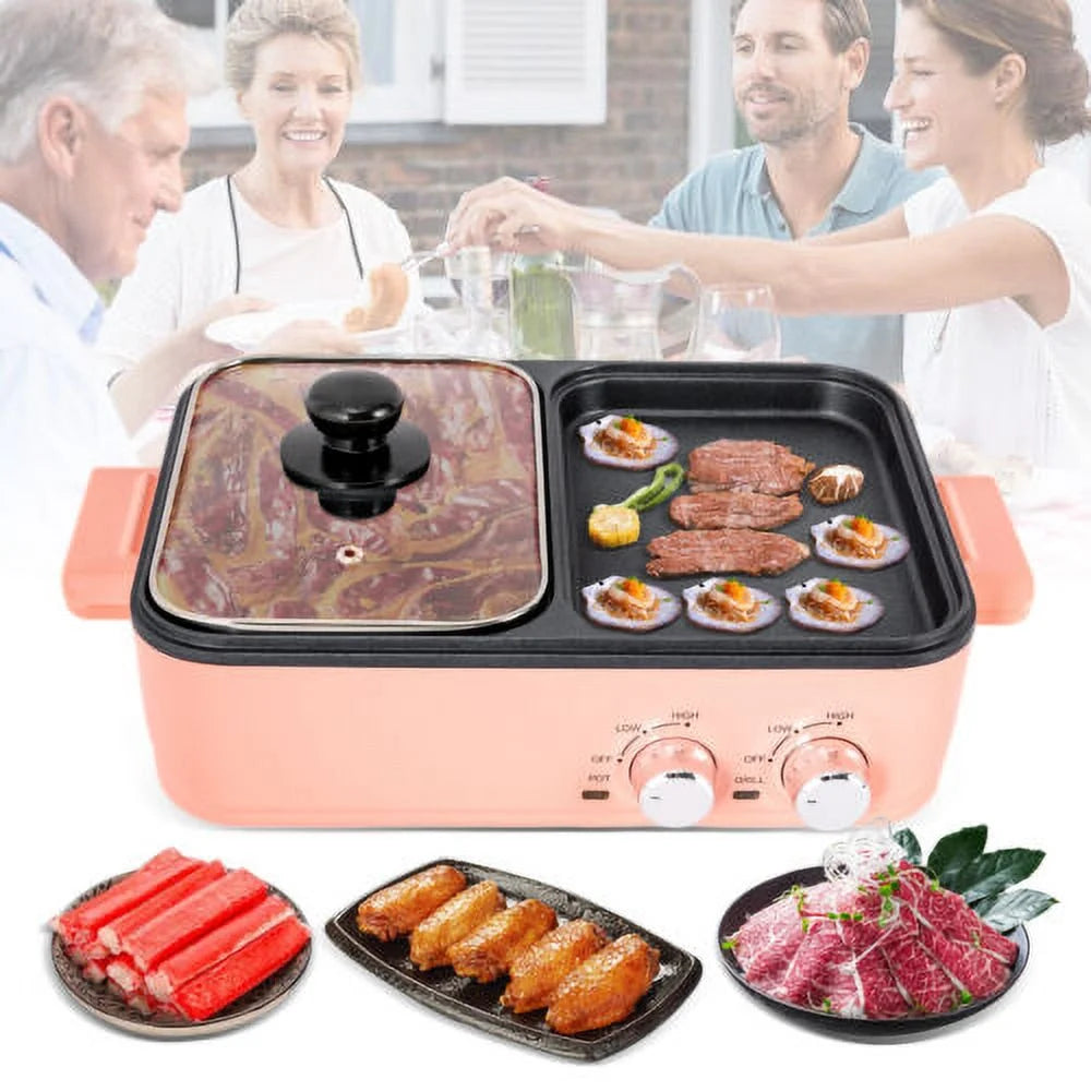 2 in 1 Non-Stick Electric BBQ Grill Hot Pot Griddle Pan Pink X122406