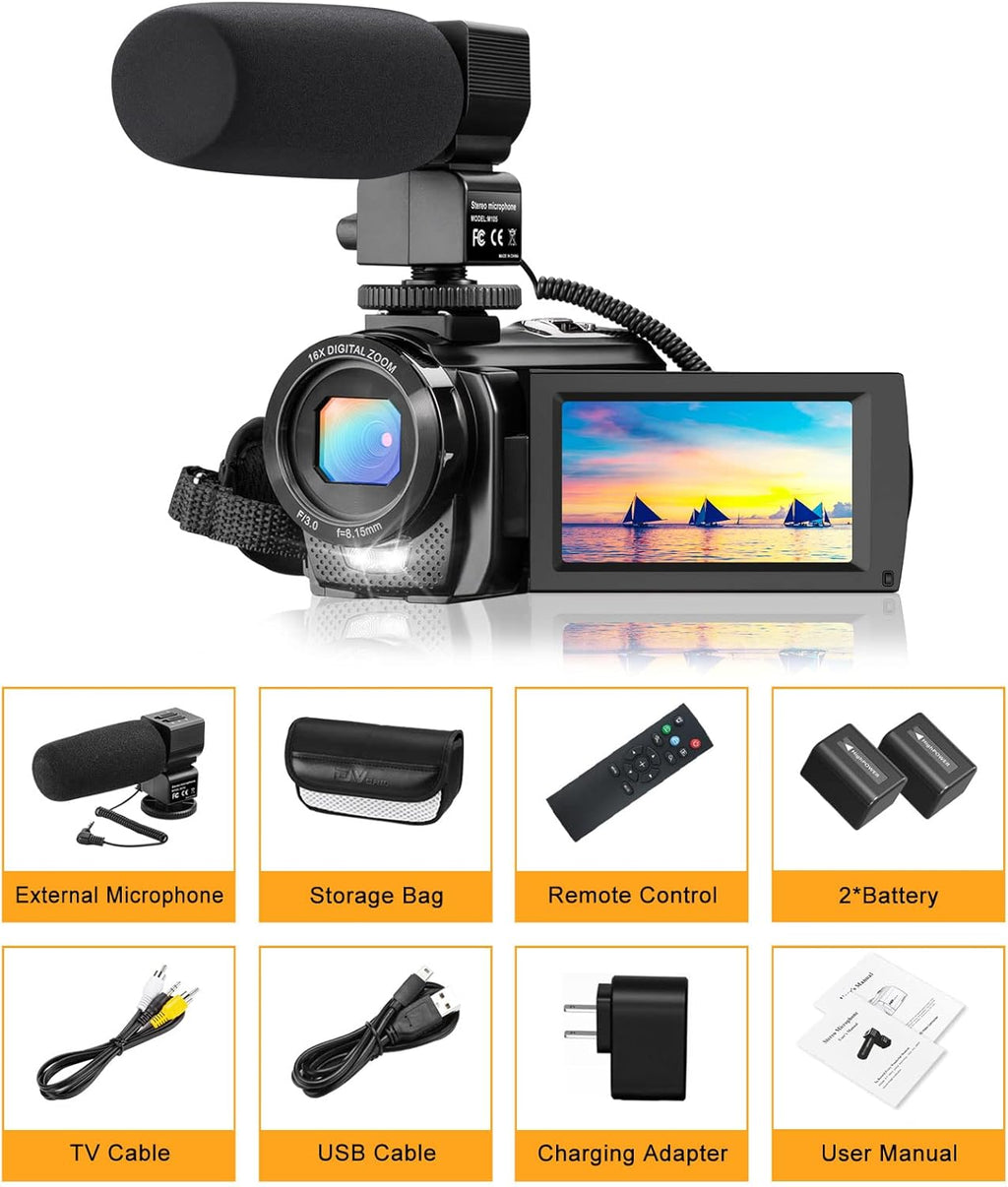 FHD 1080P 30FPS 24MP 3.0 Inch 270° Rotation Screen Video Camera Camcorder with Microphone, Remote Control, 2 Batteries I589