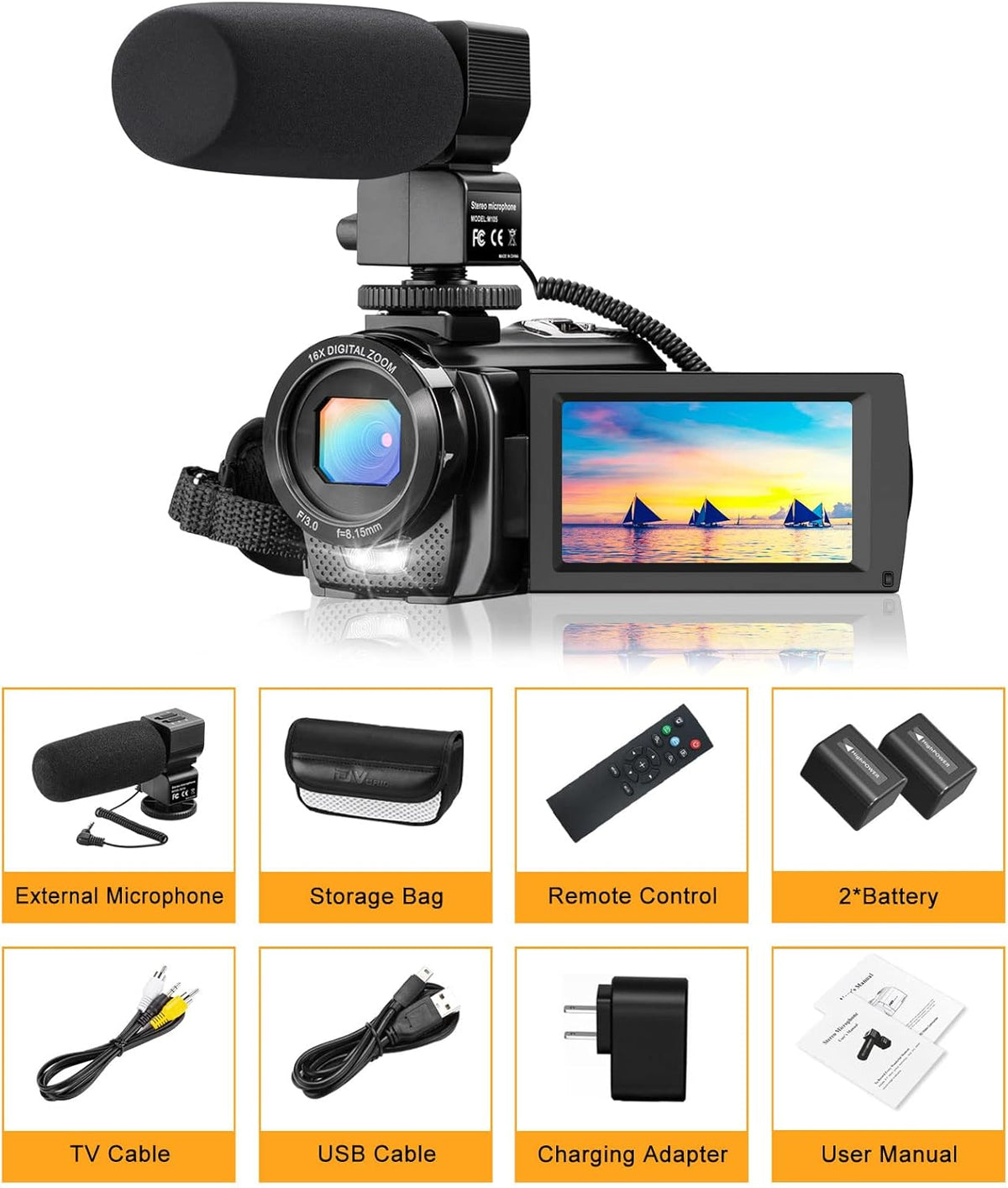FHD 1080P 30FPS 24MP 3.0 Inch 270° Rotation Screen Video Camera Camcorder with Microphone, Remote Control, 2 Batteries I589