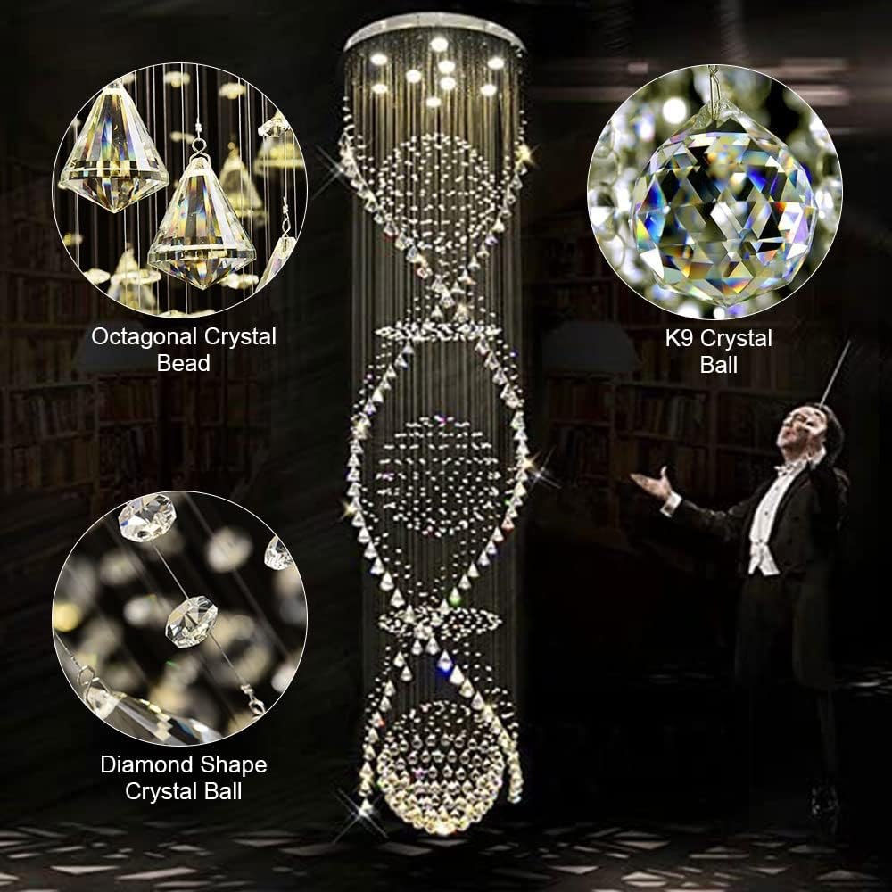 Chandelier for Staircase, Modern Crystal Round Raindrop Flush Mount Ceiling Light Fixtures A50588