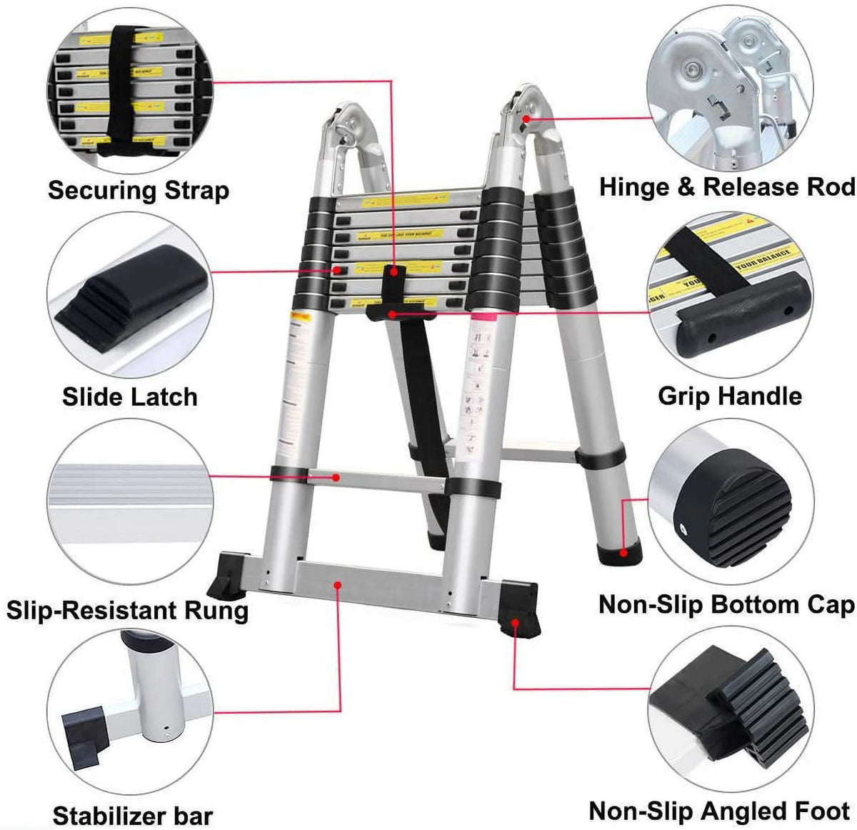 Telescoping Ladder 16.5Ft Aluminum Non-Slip Lightweight Retractable Folding Step Ladder, 330lbs Capacity J3258